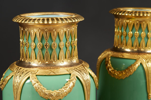 Pair Of Vases In Jade Green Opaline And Golden Brass From The End Of The XIXth Century