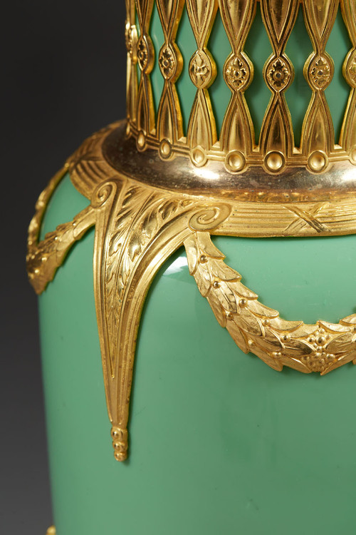 Pair Of Vases In Jade Green Opaline And Golden Brass From The End Of The XIXth Century