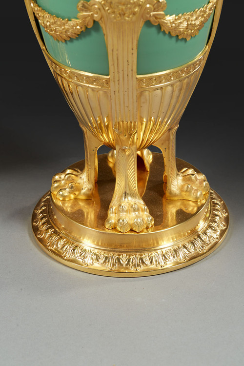 Pair Of Vases In Jade Green Opaline And Golden Brass From The End Of The XIXth Century