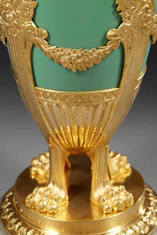 Pair Of Vases In Jade Green Opaline And Golden Brass From The End Of The XIXth Century