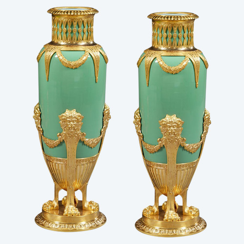 Pair Of Vases In Jade Green Opaline And Golden Brass From The End Of The XIXth Century