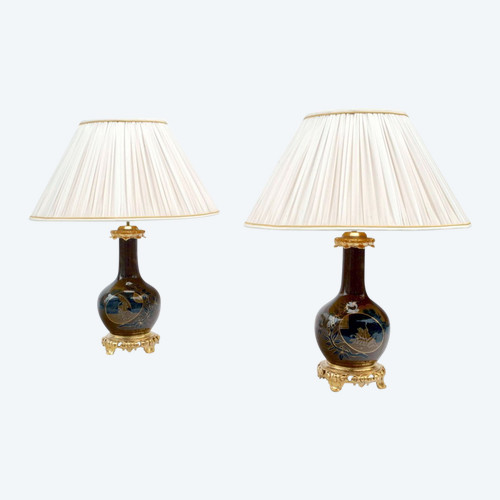 Coppia di lampade in porcellana giapponese marrone e blu, XIX secolo - LS3521651