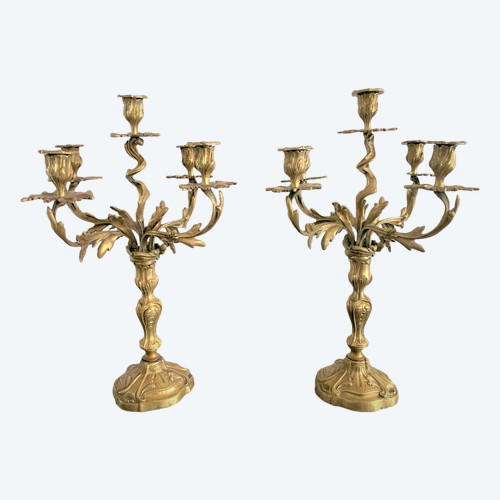 Coppia Di Grandi Candelabri In Bronzo Dorato A Forma Di Rockery Con Cinque Bracci Di Luce