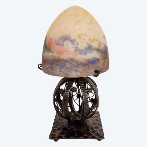 Lampe Boule Muller Frères Obus Pâte De Verre Fer Forgé Martelé Art Déco XXè