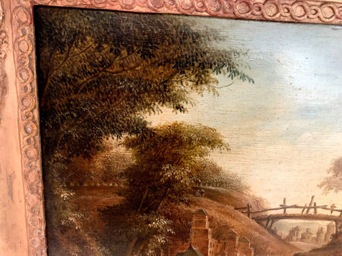 Oil On Oak Panel Animated Landscape XIX Century