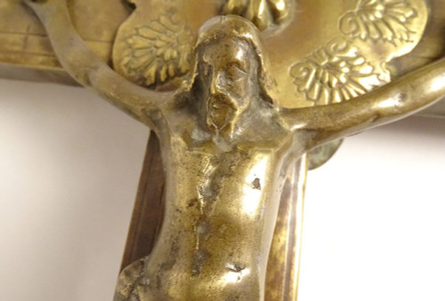 Croix de Procession Christ Crucifix Bronze Laiton Doré Vierge Marie XVIIè