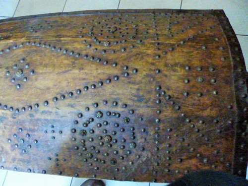 Old Gothic style travel chest in wood and studded leather, late 18th century