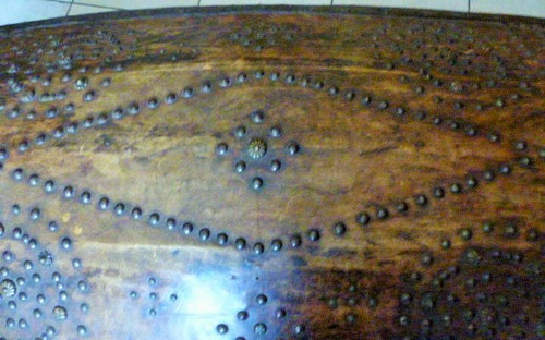 Old Gothic style travel chest in wood and studded leather, late 18th century