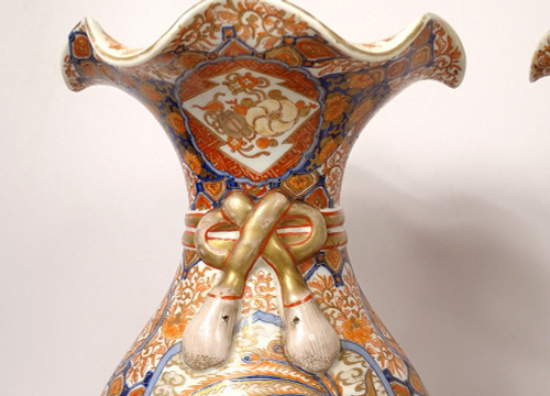 Paire Grands Vases Porcelaine Imari Japon Dragon Phoenix Dorure XIXè Siècle