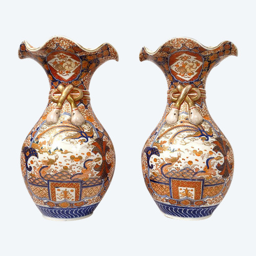 Paire Grands Vases Porcelaine Imari Japon Dragon Phoenix Dorure XIXè Siècle