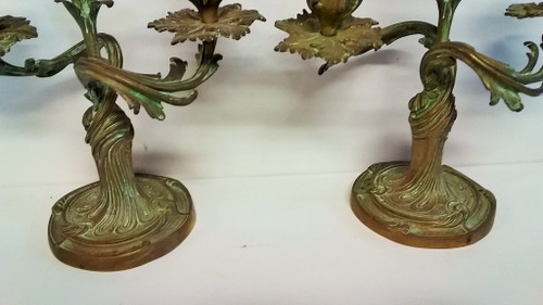 Pair of Louis XV style candlesticks in green patina bronze late 19th