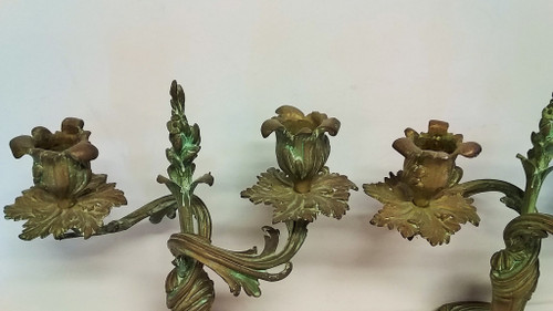 Pair of Louis XV style candlesticks in green patina bronze late 19th