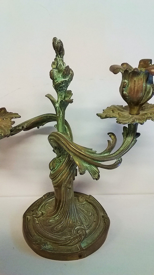 Pair of Louis XV style candlesticks in green patina bronze late 19th