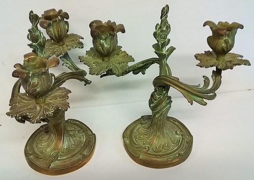 Pair of Louis XV style candlesticks in green patina bronze late 19th