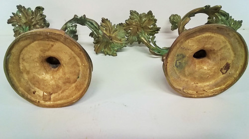 Pair of Louis XV style candlesticks in green patina bronze late 19th