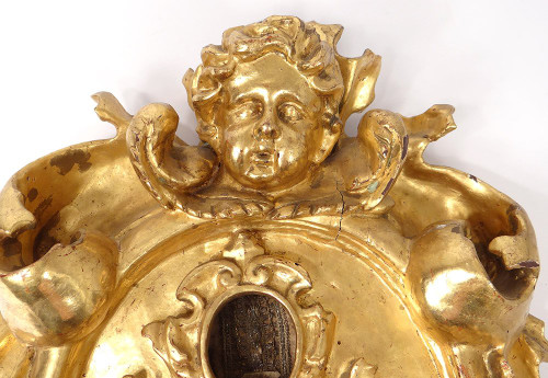 Reliquienrahmen aus geschnitztem Holz, goldener Cherub-Kopf, Reliquienschrein aus dem 18. Jahrhundert