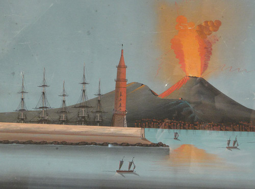 Coppia Gouaches Napoletani Eruzione Vesuvio Italia Barche 27 maggio 1858 XIX