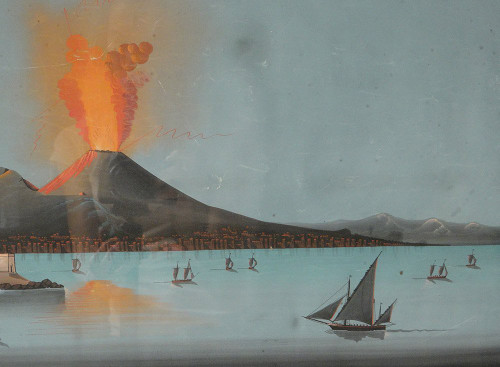 Coppia Gouaches Napoletani Eruzione Vesuvio Italia Barche 27 maggio 1858 XIX