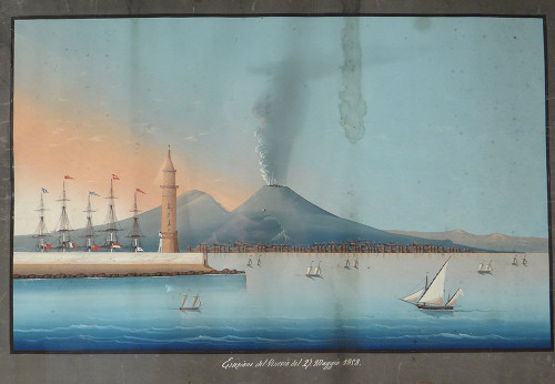 Coppia Gouaches Napoletani Eruzione Vesuvio Italia Barche 27 maggio 1858 XIX