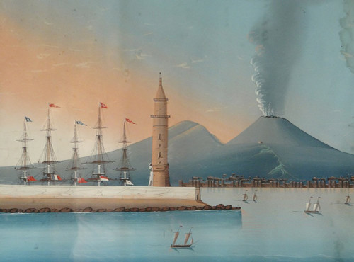 Coppia Gouaches Napoletani Eruzione Vesuvio Italia Barche 27 maggio 1858 XIX