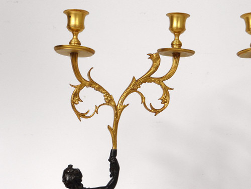 Pair Candelabra 2 Lights Bronze Carrara Marble Antique Women Eagle Eighteenth