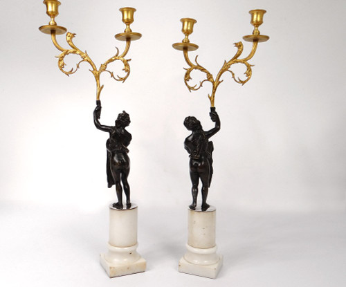 Pair Candelabra 2 Lights Bronze Carrara Marble Antique Women Eagle Eighteenth