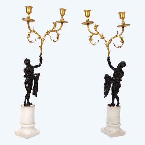 Pair Candelabra 2 Lights Bronze Carrara Marble Antique Women Eagle Eighteenth