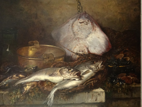 HST Nature Morte Raie Homard Poissons Coquilles Eugène Claude 164x131cm 19è