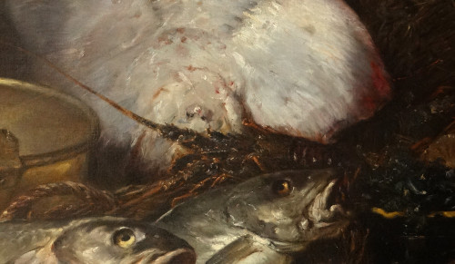 HST Nature Morte Raie Homard Poissons Coquilles Eugène Claude 164x131cm 19è