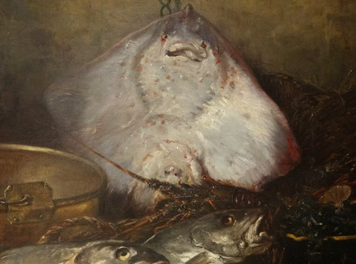 HST Nature Morte Raie Homard Poissons Coquilles Eugène Claude 164x131cm 19è