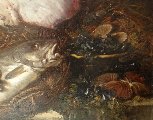 HST Nature Morte Raie Homard Poissons Coquilles Eugène Claude 164x131cm 19è