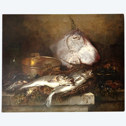 HST Nature Morte Raie Homard Poissons Coquilles Eugène Claude 164x131cm 19è