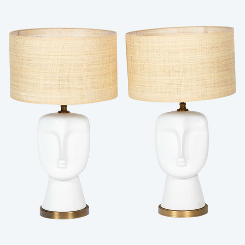 Pair of white and matte opaline lamps, 20th century