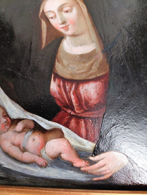 Painting Italian School The Virgin and Child Oil on Copper From the 18th Century