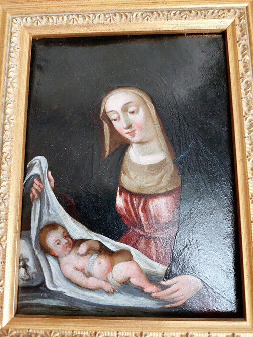 Painting Italian School The Virgin and Child Oil on Copper From the 18th Century