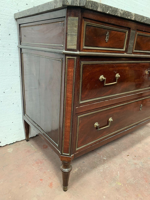 Louis XVI Style Commode In Mahogany Veined Gray Marble Top XIX Century