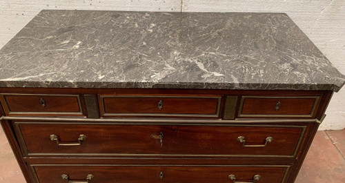 Louis XVI Style Commode In Mahogany Veined Gray Marble Top XIX Century