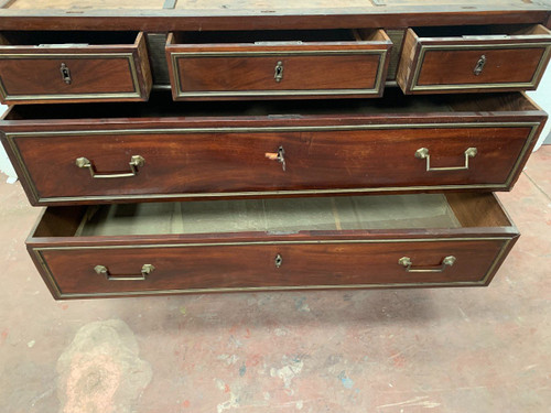 Louis XVI Style Commode In Mahogany Veined Gray Marble Top XIX Century