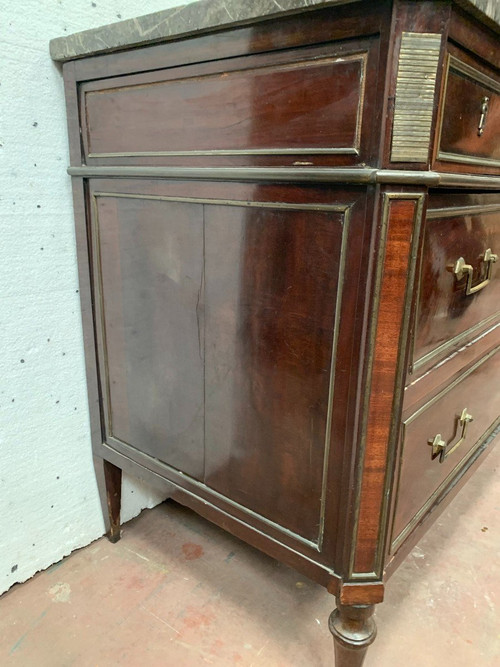 Louis XVI Style Commode In Mahogany Veined Gray Marble Top XIX Century