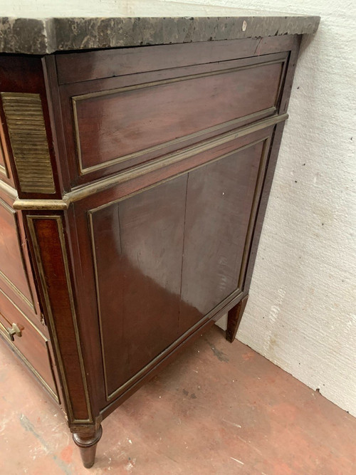 Louis XVI Style Commode In Mahogany Veined Gray Marble Top XIX Century