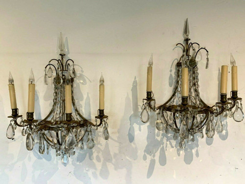 Pair of Bronze Basket Sconces With XXth Century Pendants