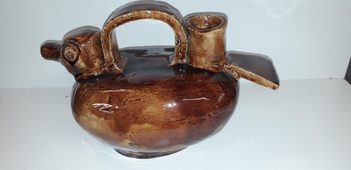 Duck-shaped jug in brown barbotine China, mid-20th century