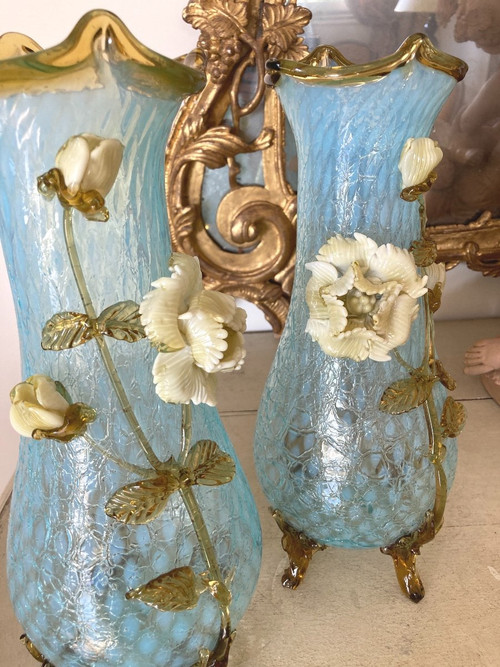 Paire de Vases en verre granité, montées en lampes, Manufacture de Clichy, Art Nouveau