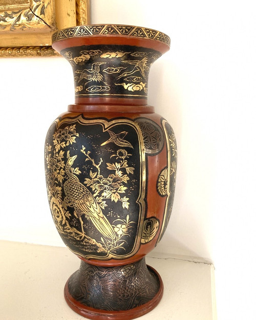 Japanese Dinanderie Vase, Lacquered, Inlaid with Gold and Silver, Meiji 19th century