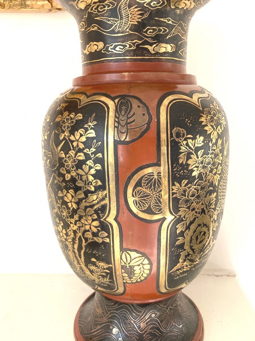 Japanese Dinanderie Vase, Lacquered, Inlaid with Gold and Silver, Meiji 19th century