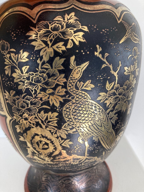 Japanese Dinanderie Vase, Lacquered, Inlaid with Gold and Silver, Meiji 19th century