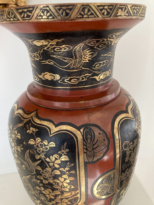 Japanese Dinanderie Vase, Lacquered, Inlaid with Gold and Silver, Meiji 19th century