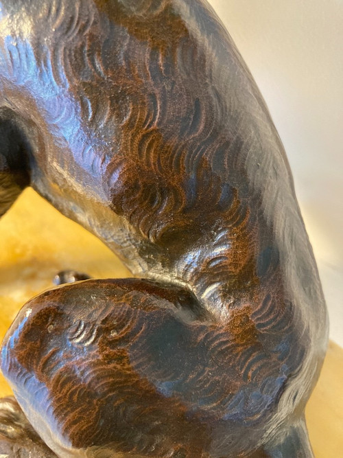 Scultura in bronzo patinato di un cane seduto, scuola francese del XIX secolo