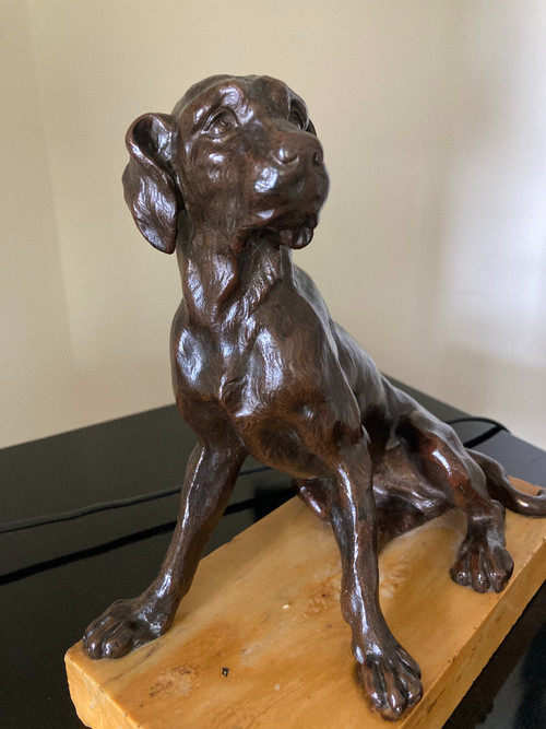 Scultura in bronzo patinato di un cane seduto, scuola francese del XIX secolo