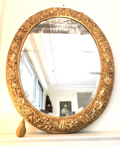 Gilded wood oval mirror, Large size 125 cm - 18th century French work